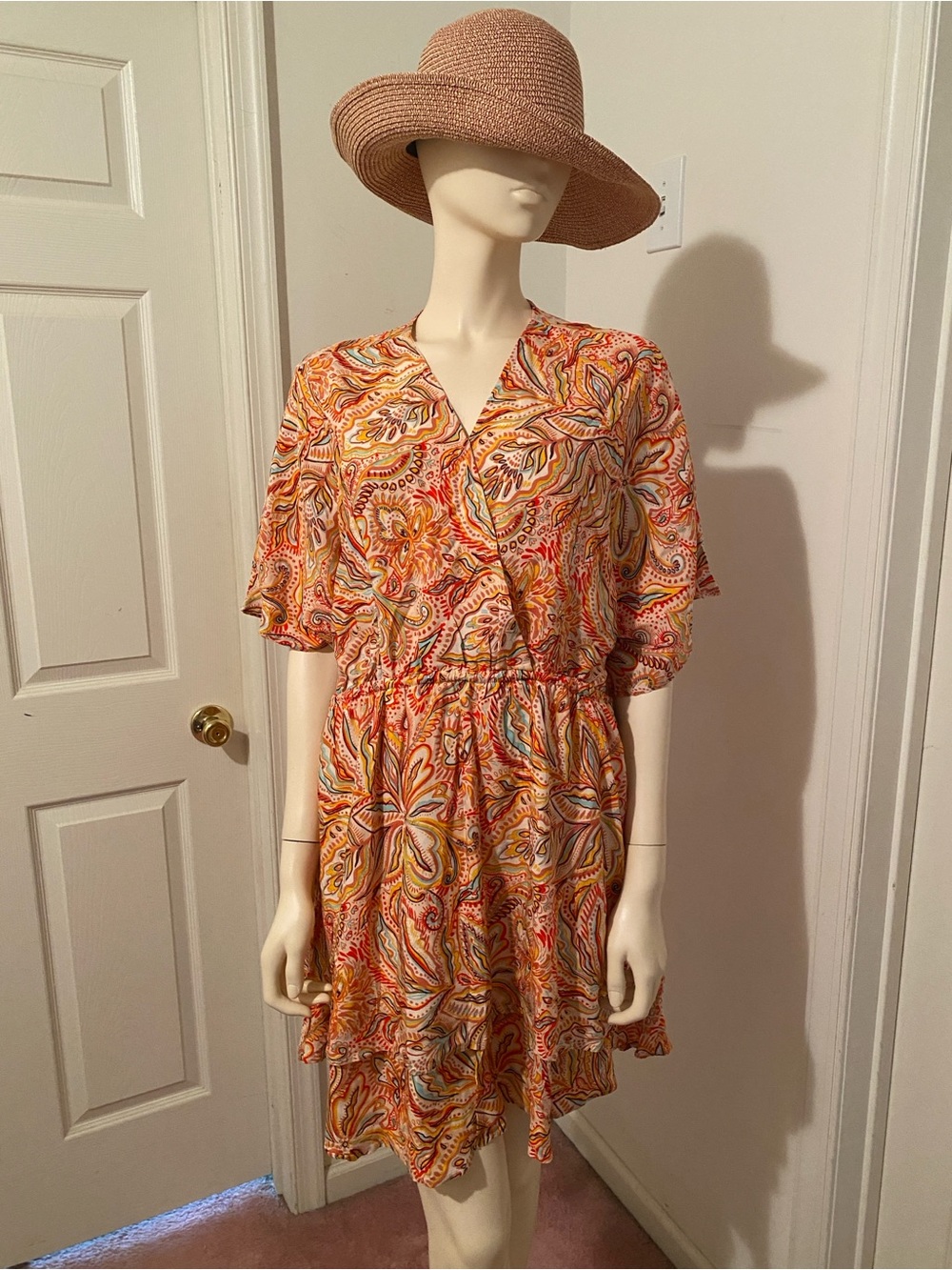 Floral Paisley Orange V-Neck Mini Dress with Gathered Waist